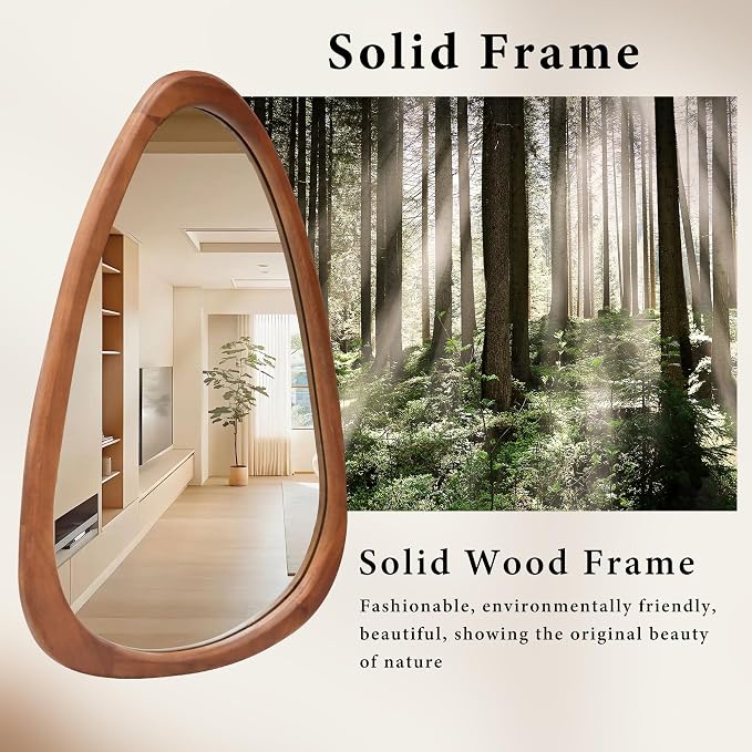 30''x20'‘Asymmetrical Mirror with Wood Frame, Small Irregular Wall Mirror Odd Shaped Mid Century Modern Mirror Decor for Bedroom Living Room Entryway Hall