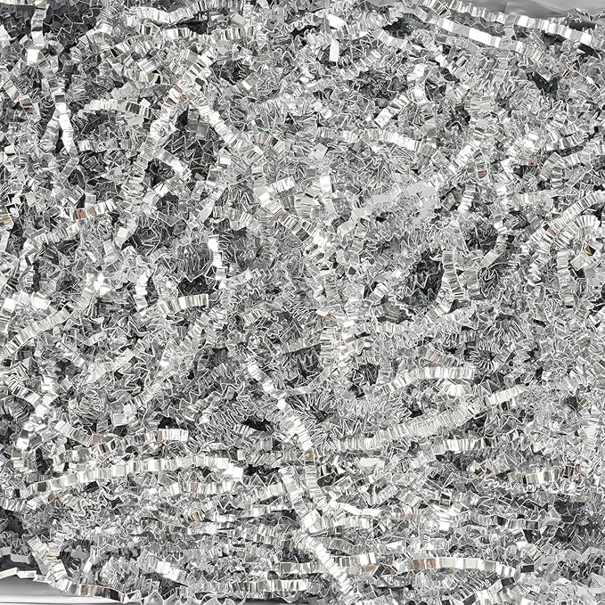 Uptotop 4oz Crinkle Cut Paper Shred Filler for Gift Wrapping Basket Filling, Birthday, Christmas, Thanksgiving, Wedding, Mother's Day, Glitter Silver (4 oz)