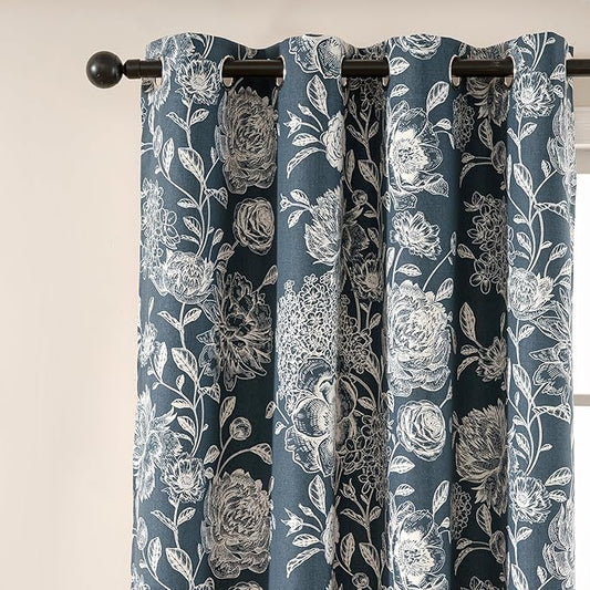 Floral Curtains Blue Peony Blackout Curtains Pattern - Vintage Blackout Curtains with Grommet, Boho Floral for Nursery Office, Cotton Blend Printed Curtains, 52" W x 63" L