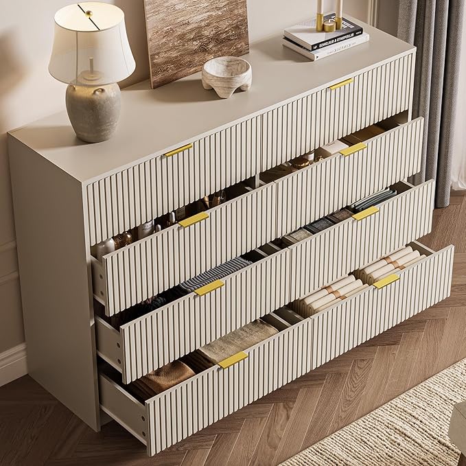 3-Piece Dresser Bedroom Set, 8 Drawer Dresser & 3 Drawer Nightstands with Gold Handles, Fluted Wood Chest of Drawers for Bedroom, Living Room, Entryway, Beige