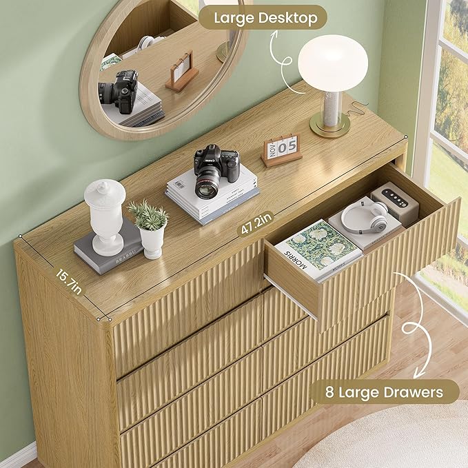 8 Drawer Dresser, Modern Fluted Dressers & Chest of Drawers for Bedroom, 48" Wide Dresser TV Stand with Deep Drawer, Curved Wood Organizer for Bedroom, Living Room, Hallway, Natural