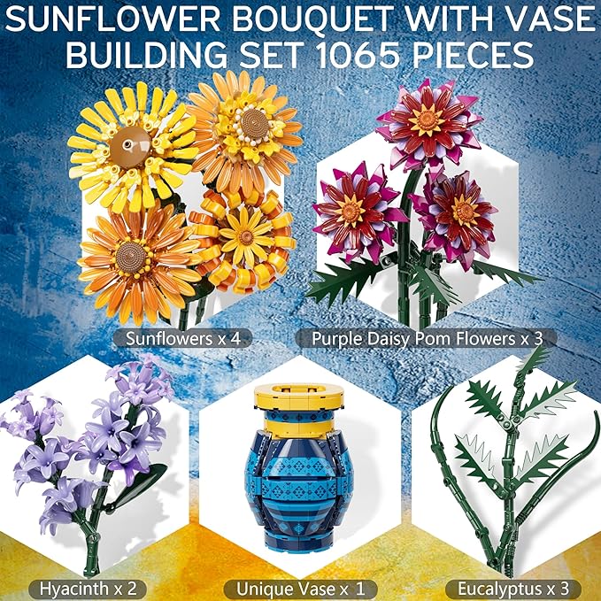 Flower Bouquet Building Blocks Set with Vase, Women Men Teen Girls Gifts for Christmas, 1065PCS Sunflower Botanical Collection Artificial Flower Decor Birthday Gifts for Her Him Wife Mom Grandma Adult