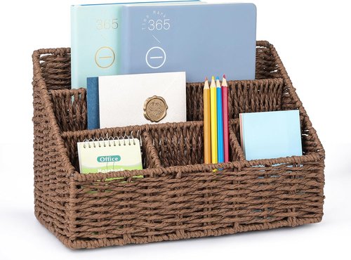 DINGTAI Rattan Desk Organizer - 5-Slot Mail Holder & Wicker Magazine Basket | Brown Boho Office Decor