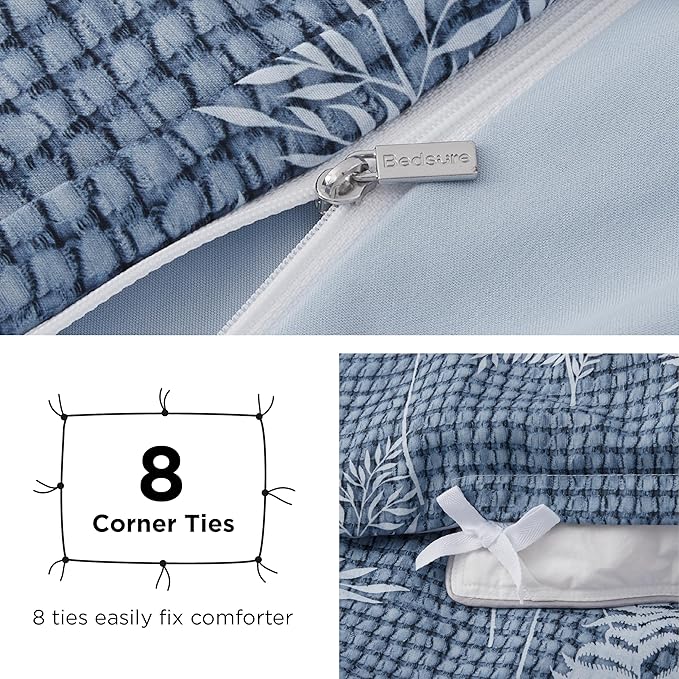 Bedsure Duvet Cover Queen Size - Reversible Waffle Floral Duvet Cover Set with Zipper Closure, 3 Pieces Blue Bedding Set with 8 Corner Ties and 2 Pillow Shams 20"x26"