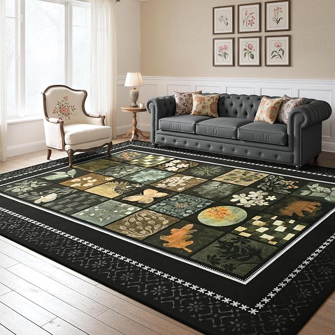Tepook 4x6 Area Rugs for Living Room, Modern Large Geometric Rug for Bedroom, Washable Patchwork Rug Indoor Non Slip Throw Carpets for Dining Room Office Farmhouse Home Decor, Black