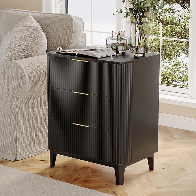 3 Drawer Fluted Dresser for Bedroom, Modern Closet Dressers Chest of Drawers, 23.6" Rustic Wood Nightstand 3-Drawer Dresser Bedside Table, Curved End Table with 3 Large Drawers for Living Room Black
