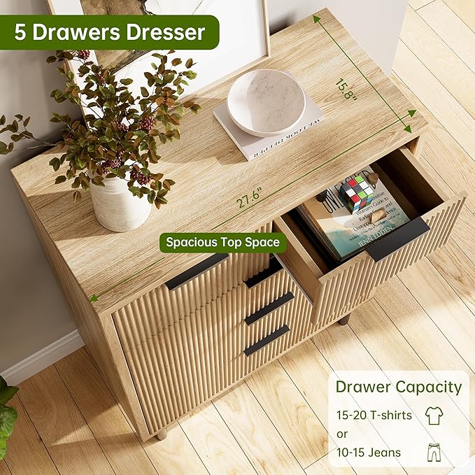 GarveeHome Oak Fluted 5 Drawer Dresser for Bedroom, Modern Wood Chest of Drawers with Wide Drawers, Closet Dresser Organizer with Anti-Tipping Device and Metal Legs for Hallway Entryway