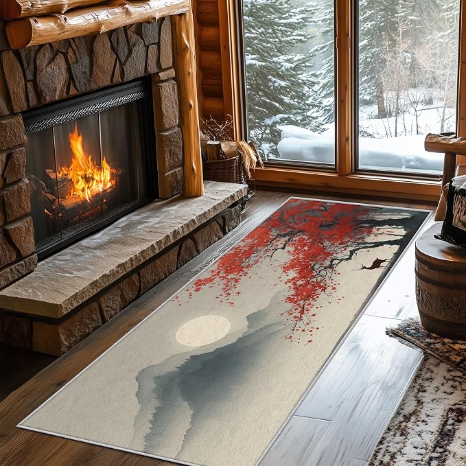 Asian Deer Runner Rug 3x9, Japanese Ink Design, Chinese Area Rug, Washable Carpet Runner for Bedroom, Standard Hallways, Kitchen Walkway, Dining Room Sideboard
