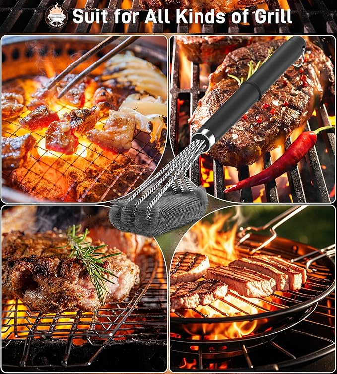PePeng BBQ Grill Cleaning Brush, Heavy Duty Grill Cleaning Brush for Outdoor Grill, 3-Branch Stainless Steel Bristles Cleaner for Easier and Effective Clean, BBQ Tools for Gas/Charcoal Grilling Grates