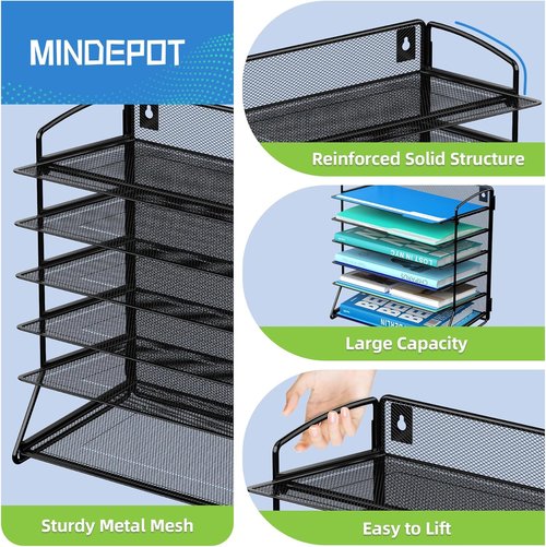 MINDEPOT 6-Tier Paper Tray Desk Organizer - Extra Thick Metal A4/Letter Size File Holder for Office & School