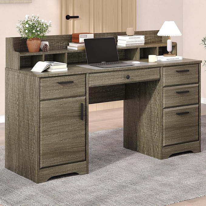 58 Inch Executive Desk with File Drawers, Computer Desk with Storage, Rustic Desk with Adjustable Shelves, Office Desk with Hutch for Bedroom, Grey