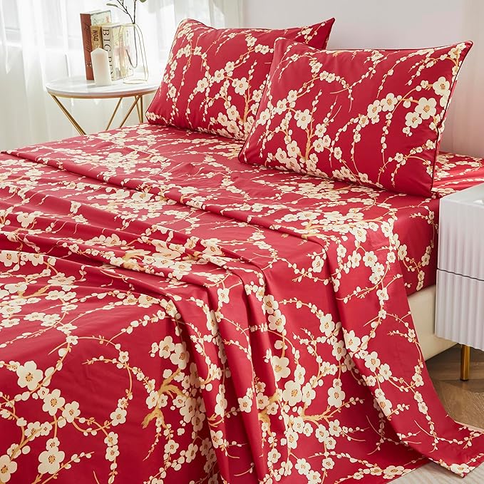 Brandream Sheets Set Twin Size Japanese Oriental Style Cherry Red Floral Blossom Branches Print Chinoiserie Bedsheets Pillowcases Set 100% Egyptian Cotton Sateen Botanical Tree Deep Pocket, 4 Pieces