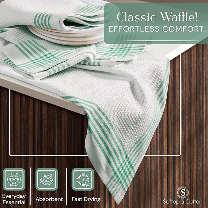 Waffle White & Dark Green Kitchen Towels 12 Pack, 100% Cotton, 16x26 inches, Super Absorbent Tea Towel for Drying Dishes, Quick Drying Kitchen Cloth Set for Daily Cooking, Cleaning