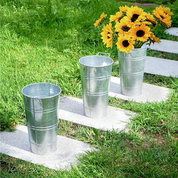 Notakia 12 Inch Large Galvanized Metal Vases Farmhouse French Flower Bucket Vases for Cut Flowers for Home Decor and Wedding Table Centerpiece Decorations (Large Silver Set of 4)