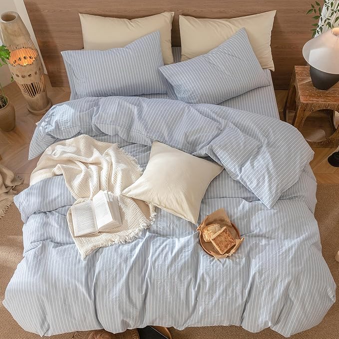MooMee Striped Duvet Cover Set 100% Washed Cotton Linen Like Textured Breathable Durable Soft Comfy (Cornflower Blue White Wide Stripes, Cal King 104"x98")