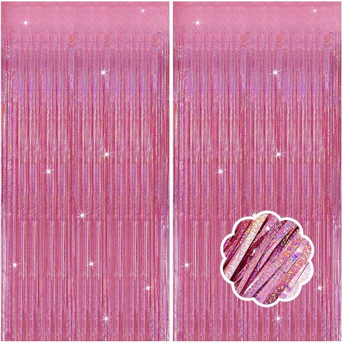 Skiennix 2 Pack Pink Streamers - Glitter Tinsel Curtains for Birthday & Holiday Celebrations