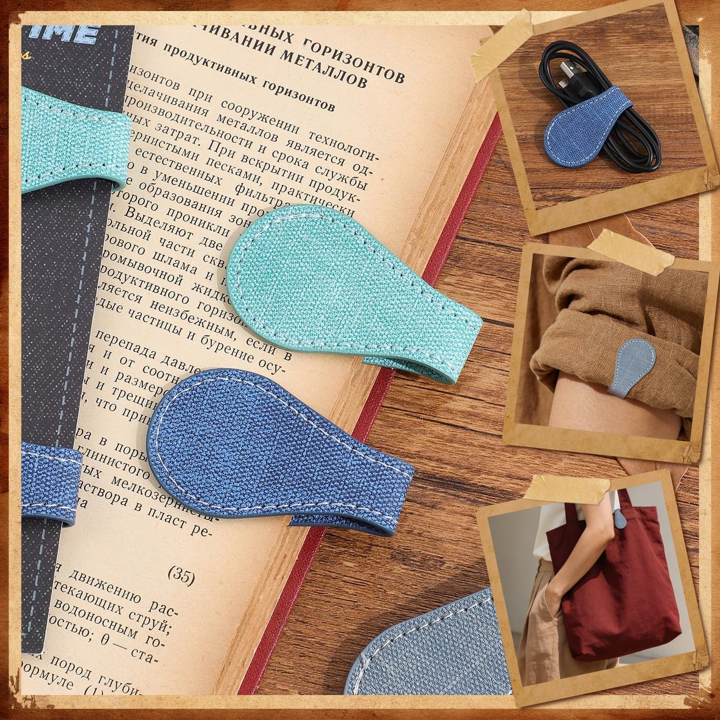 Skiennix Vintage Magnetic Leather Bookmarks - Stylish PU Clips for Women | Denim Pattern, 3-Pack