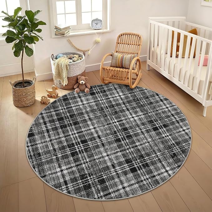 Tartan Plaid Washable Round Rugs 4ft, Non-Slip Soft Ultra-Thin, Small Round Rug Circle Stain Resistant Low Pile Carpet for Entryway Kitchen Bedroom Nursery Bathroom, Black