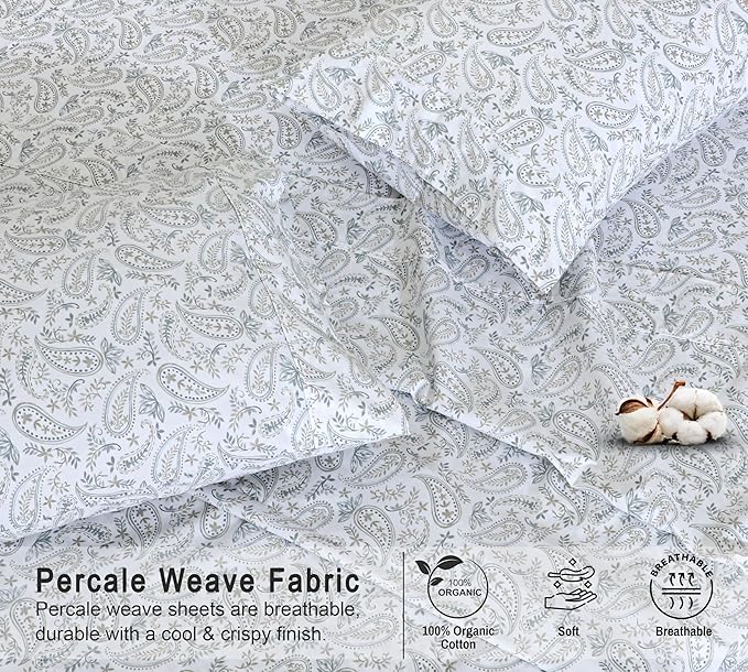 RUVANTI 100% Organic Cotton Sheets California King, Percale Weave, GOTS Certified, 4-Piece Set, Deep Pocket 13", Crisp & Breathable, Soft Durable Bedding, Sábanas Algodón Orgánico – Ornate Oasis