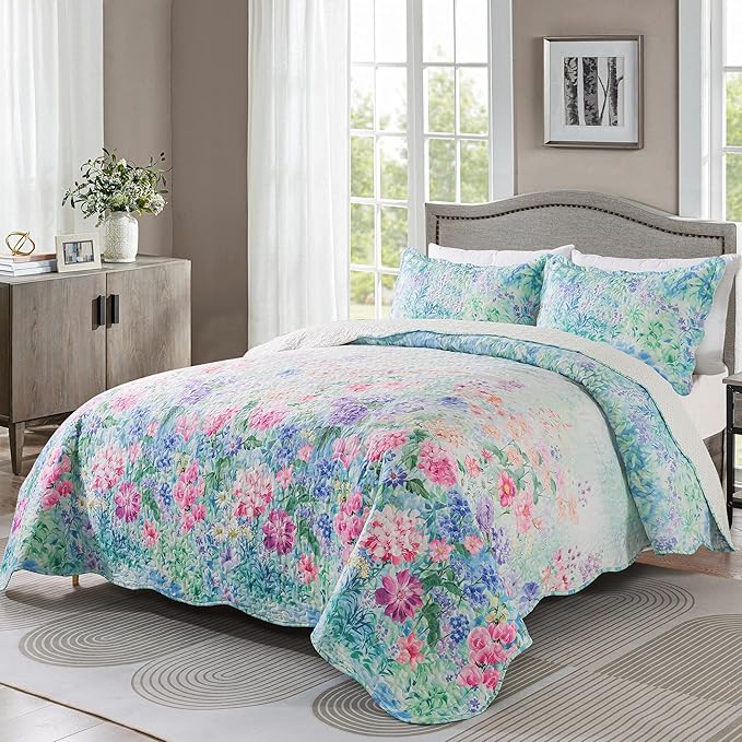 HoneiLife Queen Quilt Bedding Set - Floral Quilt Sets for Queen Bed, 3-Piece Wildflower Bedspreads,Botanical Coverlets Bed Cover, Microfiber Bedding Set All Season Quilts-Dream Garden,Purple