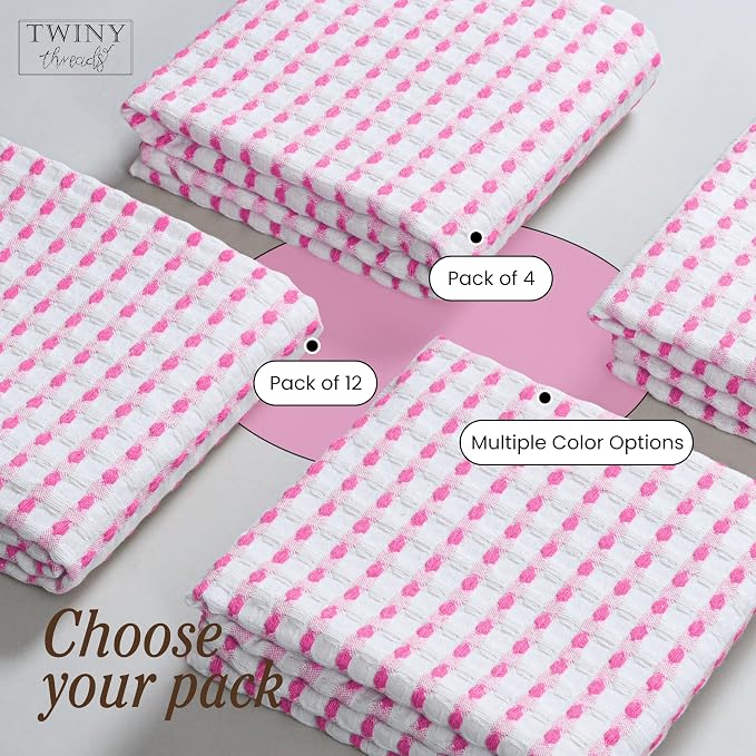 TWINY threads Waffle Towels Set of 4, 16x26 Inches, 100% Cotton, Soft, Absorbent Waffle Weave Kitchen Dishcloth Set, Durable & Machine Washable Tea Towel, Rose Pink, White