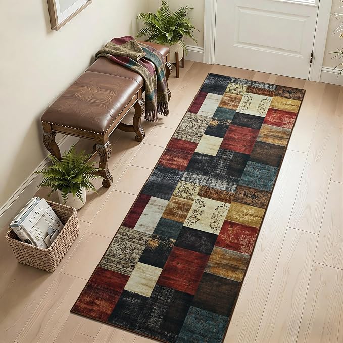 Tepook Modern Runner Rug for Living Room, 2x6 Washable Rugs for Bedroom Hallway, Geometric Patchwork Runner Rug Non-Slip Indoor Throw Carpet for Entryway Kitchen Office Home Decor, Multi