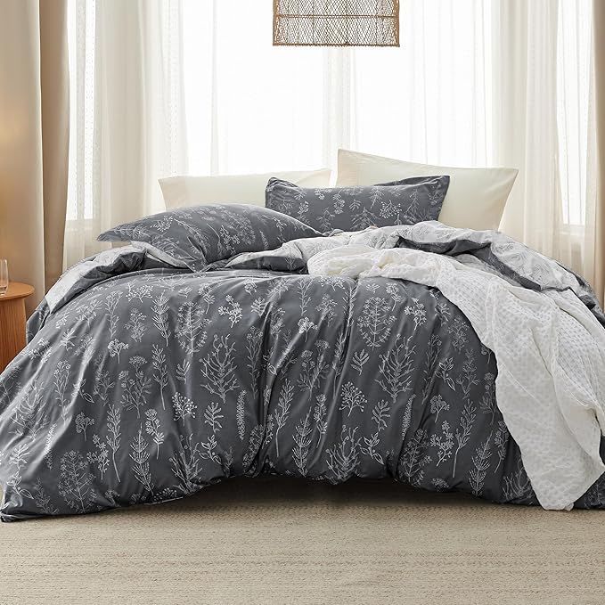 Bedsure Queen Comforter Set - Dark Grey Bed Set, 3 Pieces Cute Floral Bedding, 1 Soft Reversible Botanical Flowers Comforter and 2 Pillow Shams