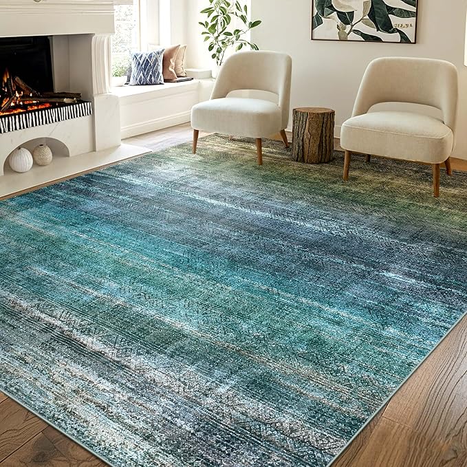 Kokia Abstract Teal Area Rugs 6x9 Boho Washable Distressed Retro Indoor Floor Rug Multicolor Low Pile Non-Slip Non-Shedding Carpet Bedroom Living Room Dining Room, Blue and Green