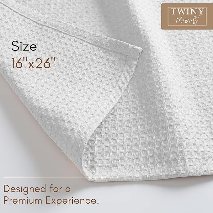 TWINY threads Kitchen Towel Waffle Weave, 4 Pack, 16x26 Inches, Premium Cotton Dish Rags, Absorbent Quick Drying Linen for Home and Restaurant Kitchens, Reusable Wash Cloths for Drying Dishes, White