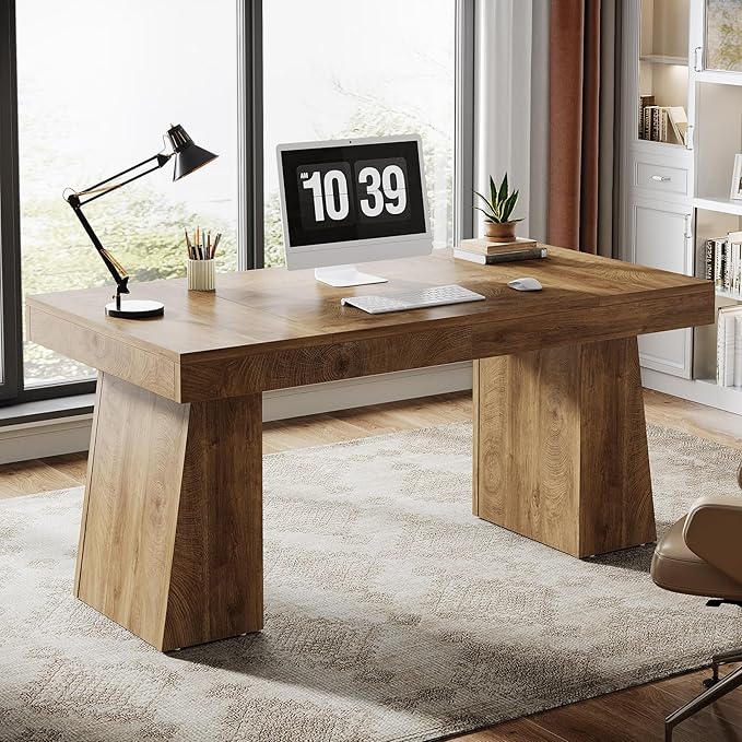 Tribesigns 55 Inches Executive Desk, Mid-Century Modern Home Office Desk, Wood Computer Table Business Workstation Small Conference Table, Light Brown
