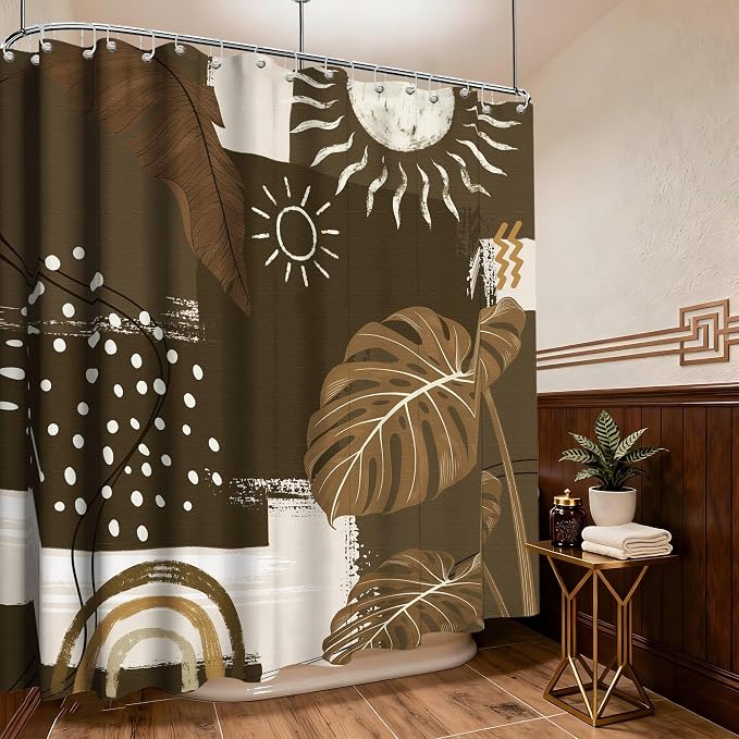 Dark Brown Mid Century Modern Shower Curtain Boho Abstract Khaki Earth Tone Shower Curtains for Bathroom Decor Sets, Waterproof Cloth Fabric with Hooks, 108 x 72 Inch