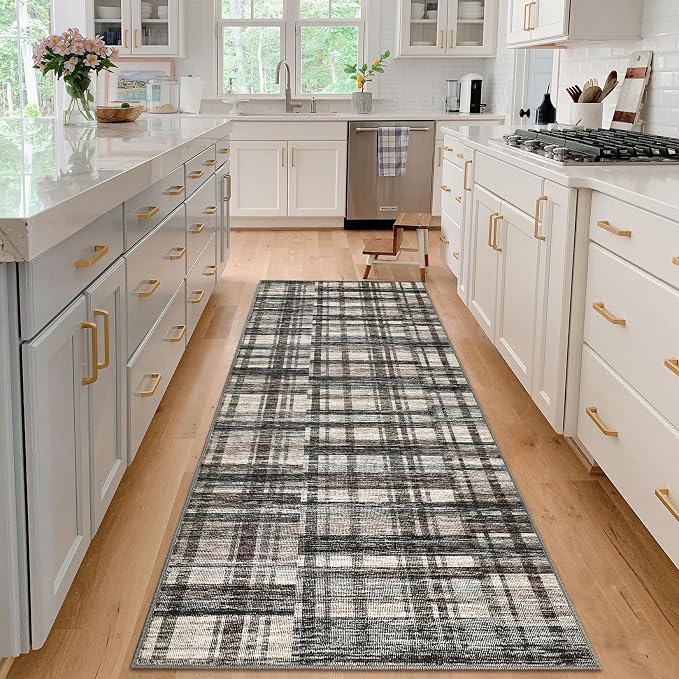 Washable Runner Rug 2x6 Runners Modern Bathroom Rugs Contemporary Plaid Low Pile Farmhouse Small Non Slip Kitchen Rug Stain Resistant Carpet for Entryway Living Room Bedroom, Green/Brown 2'x6'