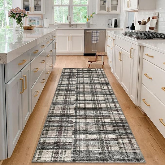 Washable Runner Rug 2x6 Runners Modern Bathroom Rugs Contemporary Plaid Low Pile Farmhouse Small Non Slip Kitchen Rug Stain Resistant Carpet for Entryway Living Room Bedroom, Green/Brown 2'x6'