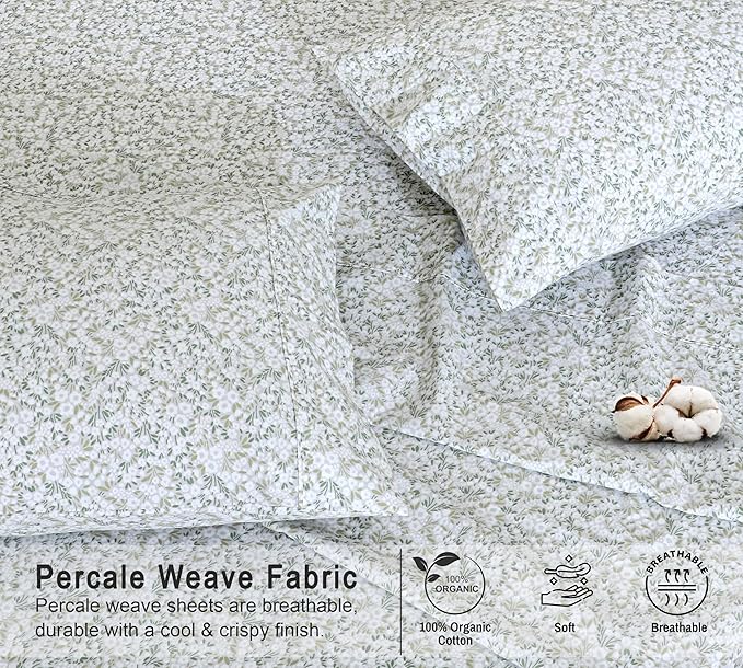 RUVANTI 100% Organic Cotton Sheets Queen Size, Percale Weave, GOTS Certified, 4-Piece Set, Deep Pocket 15", Crisp & Breathable, Soft Durable Bedding, Sábanas Algodón Orgánico – Floral Rush