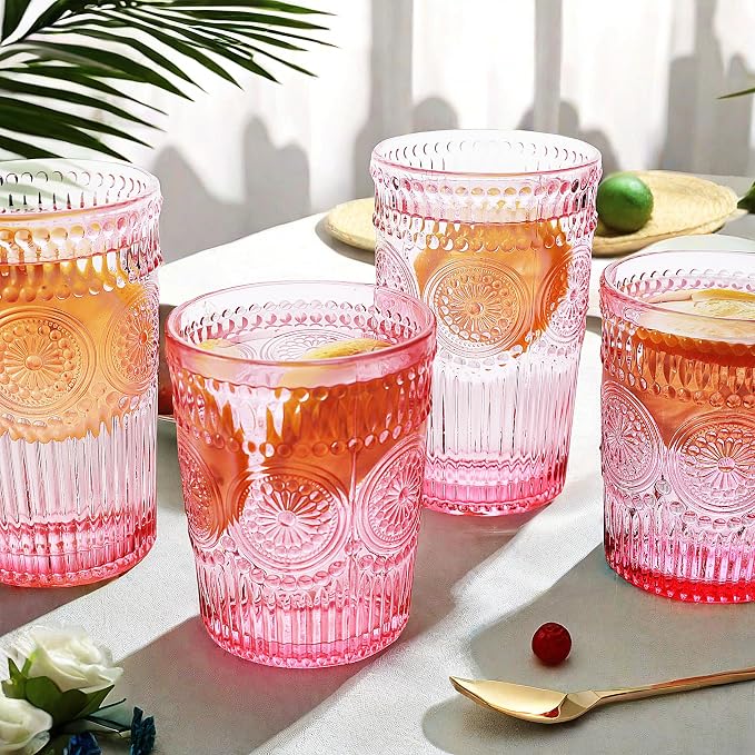 Loivttvv 12pcs Vintage Drinking Glasses Set, 12 oz Highball Glasses & 9 oz Embossed Ribbed Glassware Cups for Cocktail, Water, Juice, Coffee, Whiskey (Pink)