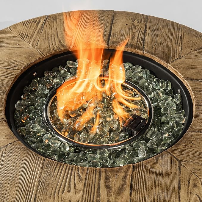 30" Propane Gas Fire Pit Table, 50000 BTU Imitation Wood Grain Finish Round Steel Fire Pit with Lid & Glass 2 in 1 Fire Pit Table Rock for Outside Patio Deck Garden Courtyard