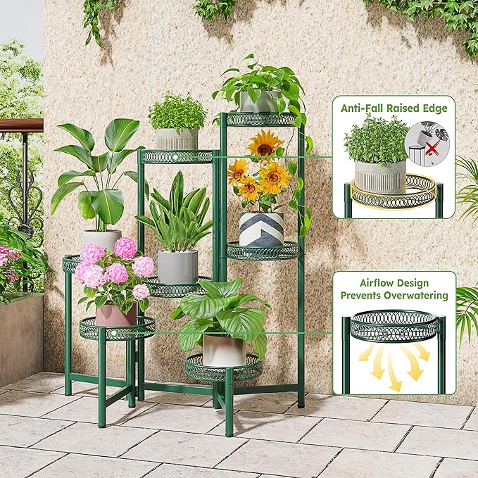 7 Tier Metal Corner Plant Stand Indoor Outdoor, Folding Tall Plant Rack, Heavy Duty Wrought Iron Flower Pot Stand, Planter Display Rack for Living Room Balcony Garden Patio - GreenFlower