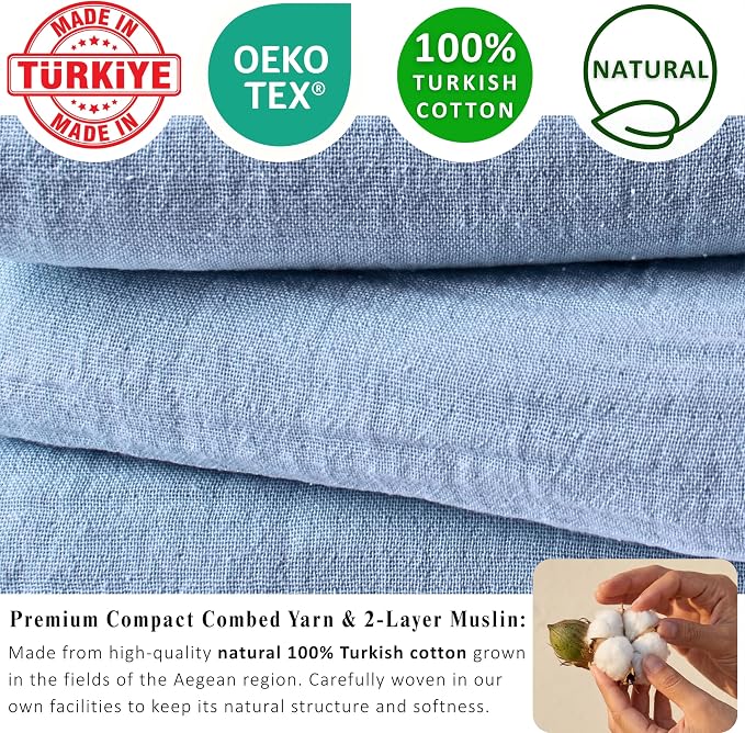 PÜSKÜL - Premium 2-Piece Oversized Muslin Bath Towel for Adult 35x70 Extra Large Bath Sheets | Natural 100% Turkish Cotton Soft Absorbent Quick-Dry Light Spa & Beach Towels (Pack of 2, Ice Blue)