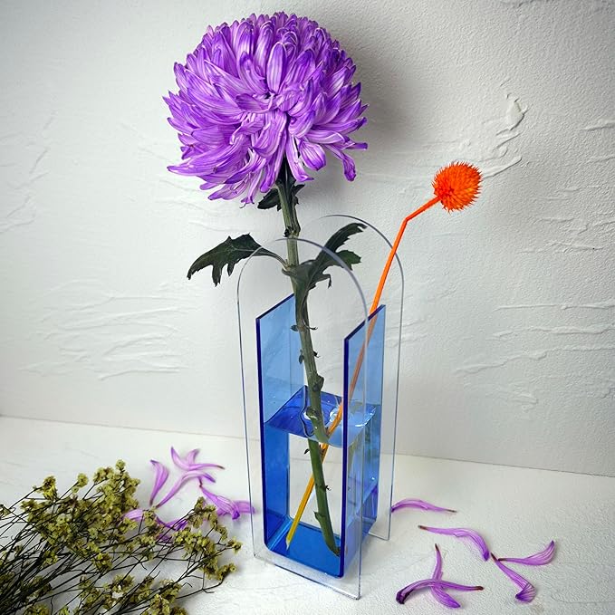 Acrylic Vase Creative Gifts Minimalist Design Wedding Centerpiece Home Office Decor Elegant Floral Display Stand(Not Including Flowers) (Semi-Blue, 1PCS)