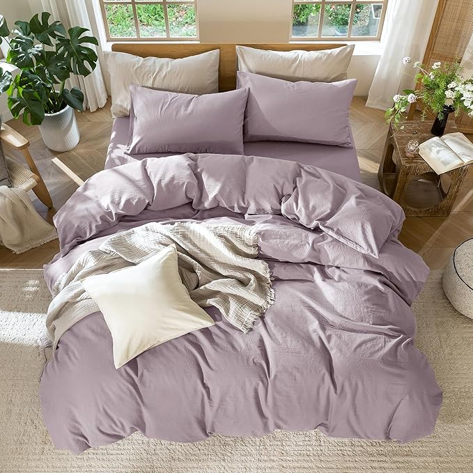 MooMee Bedding Duvet Cover Set 100% Washed Cotton Linen Like Textured Breathable Durable Soft Comfy (Solid Taro Purple, Super King 108"x98")