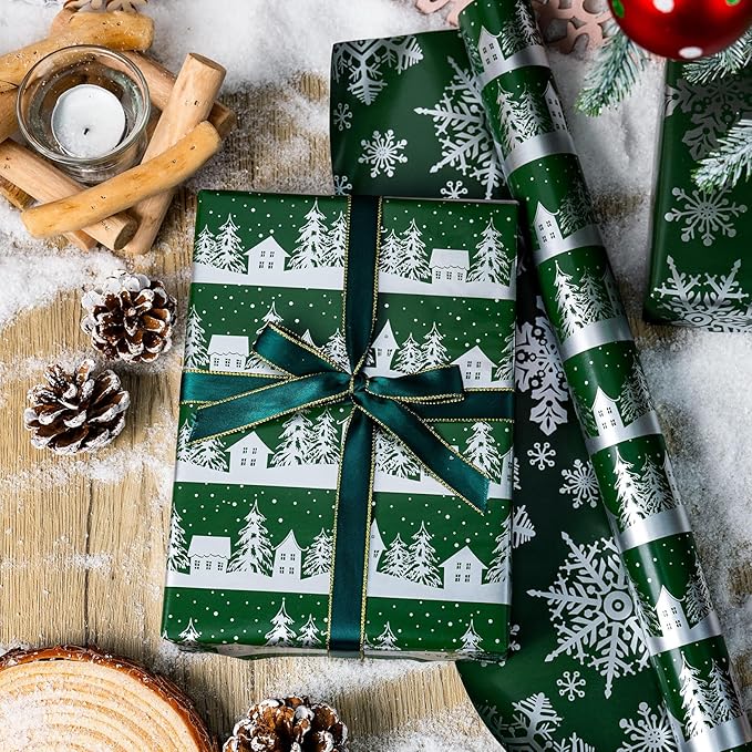 MAYPLUSS Christmas Wrapping Paper Roll, Green Gift Wrap, Vintage Green Silver Winter Forest Christmas Themed Wrapping Paper for Holiday Gift Packaging, Party(Mini Roll, 17 Inch X 16.5 Feet)