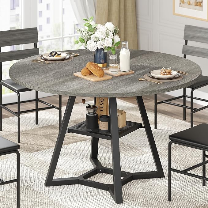 knoworld 47" Round Dining Table for 4, Kitchen Tables Dining Room Circle Dinner Table with Pedestal Metal Frame, Space Saving Wood Industrial Kitchen & Dining Room Tables, Dark Grey 47In