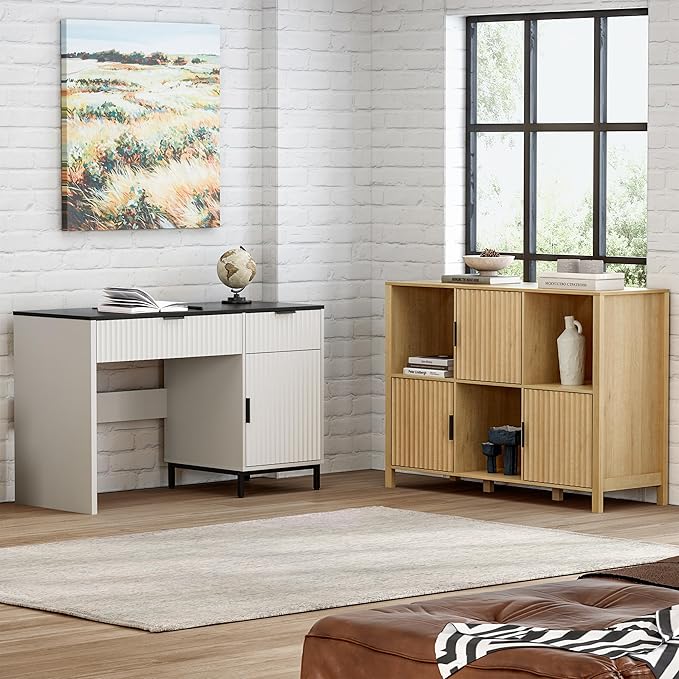 47" Fluted Executive Desk, Modern Wood Home Office Desk with Charging Station, Drawer & Cabinet, Computer Writing Desk for Work Study, White and Black