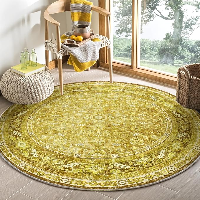 OPPODREAM Vintage Yellow Round Rug 5ft, 5 ft Retro Washable Circle Rug Non Slip, Low-Pile Faux Wool Circular Carpet, Distressed Floor Mat for Living Room, Bedroom, Office, Dorm, Dinning Room