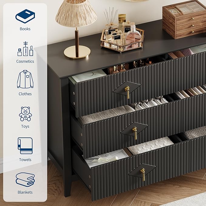 GarveeHome Fluted Dresser for Bedroom, 54 Inch Wide 6-Drawer Wood Dresser, Modern Chest of Drawers, Storage Organizer Cabinet for Living Room, Hallway, Entryway, Black