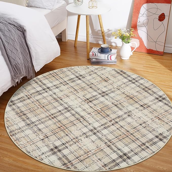 Tartan Plaid Round Washable Rug, Soft Modern Round Rugs 5ft Circle Carpets for Bedroom Ultra-Thin, Boho Beige Print Circular Carpet for Living Room Dorm Bedside, Beige