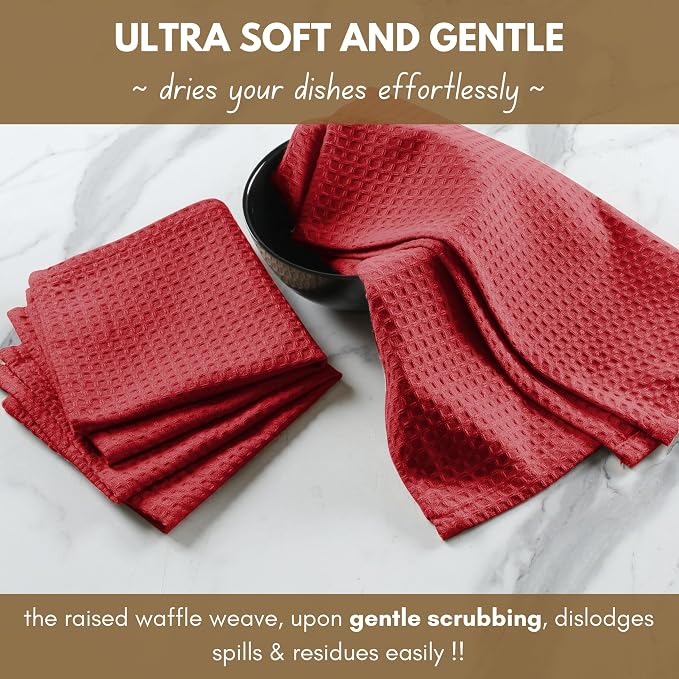 Native Fab 12 Pack Dish Cloths - 100% Cotton, Absorbent, Quick Drying, Washable Towels for Cleaning, Cooking, Baking - Perfect for Home, Restaurants, Bars & Multi Purpose Use - 12x12 Inches - Red