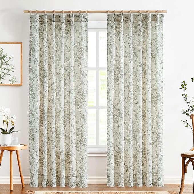 jinachan Pinch Pleated Curtains Floral Linen Blend Curtains for Living Room 84 Inches Length Christmas Green Peony Flower Printed Curtain Rod Pocket Back Tab Farmhouse Drapes with Hooks Set 2 Panels