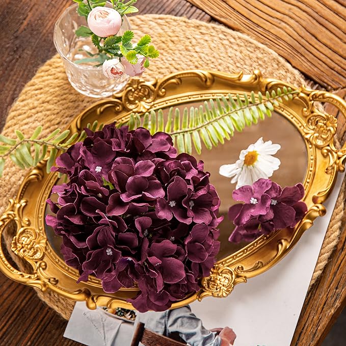DuHouse Silk Hydrangea Artificial Flower Heads with Stems Fake Hydrangeas Flowers for DIY Wedding Centerpiece Home Decor,Pack of 6(Plum)
