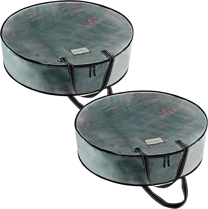 VENO 2 Pack Christmas Wreath Storage Container - 24 Inch Clear Wreath Bag, Christmas Garland and Holiday Decoration Organizers with Zipper and Durable Handles (Clear, 24"-2 Pack)